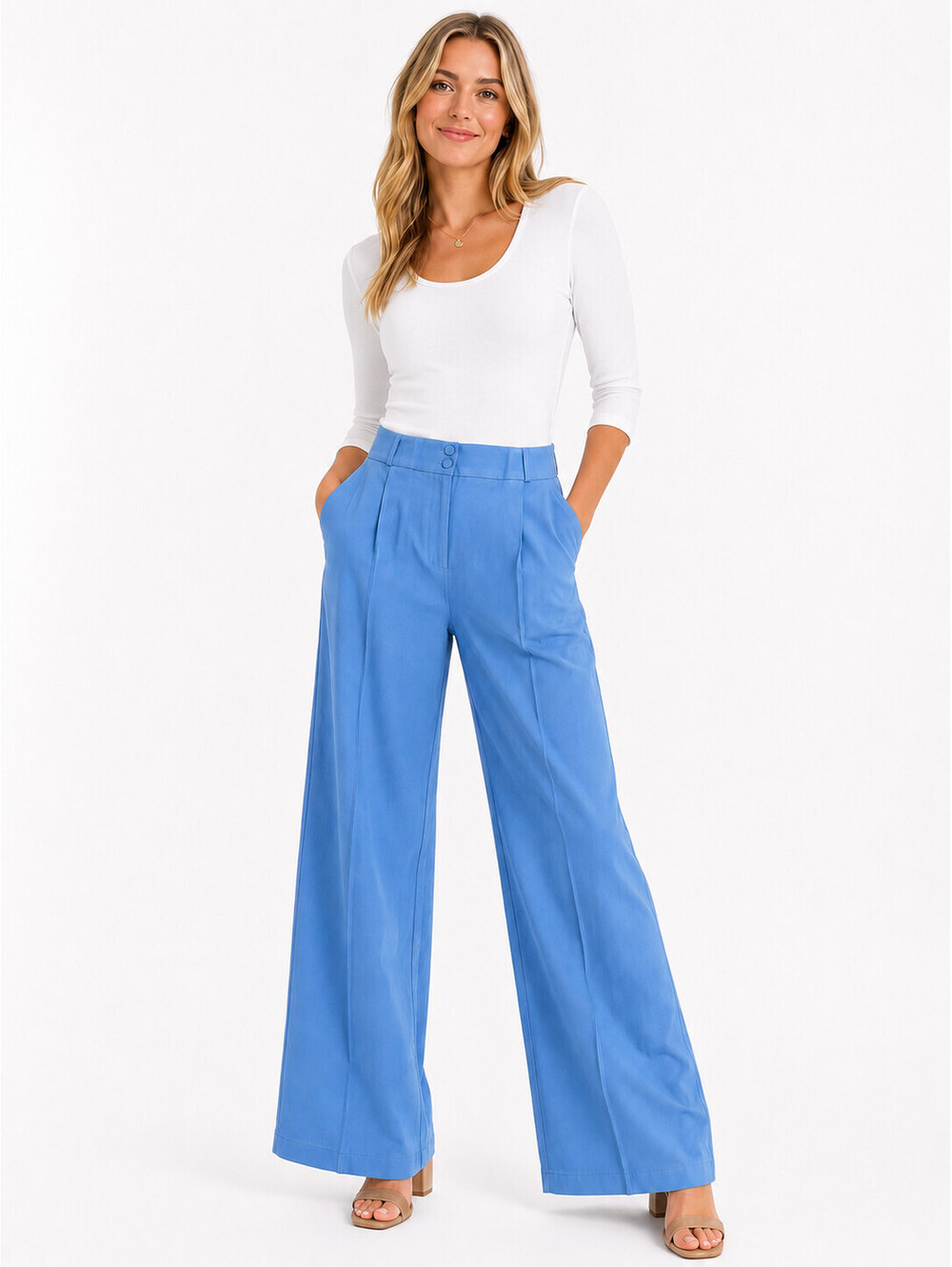 Women's Fall Lt Blue Wide Leg Dress Pants Side Pockets Front Seam Details Sz XL